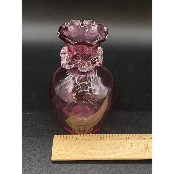 Hand Blown Pink Applied Clear Decoration Ribbon Swirl Glass Vase 4.5” - Picture 7 of 8